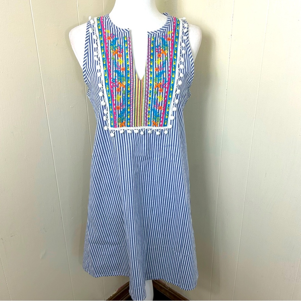 Love Fire Lightweight Blue/White Stripe Sleeveless Embroidered Dress Size Medium